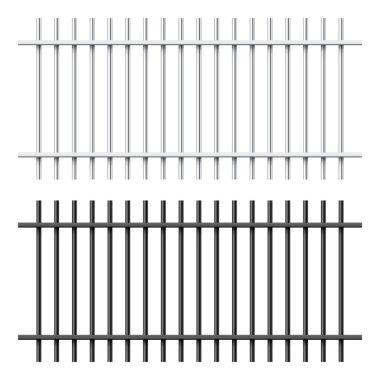 Beyaz arka planda izole edilmiş gerçekçi siyah ve gümüş metal hapishane parmaklıkları. Detaylı hapishane kafesi, demir parmaklıklar. Sabıka kaydı. Yaratıcı vektör illüstrasyonu