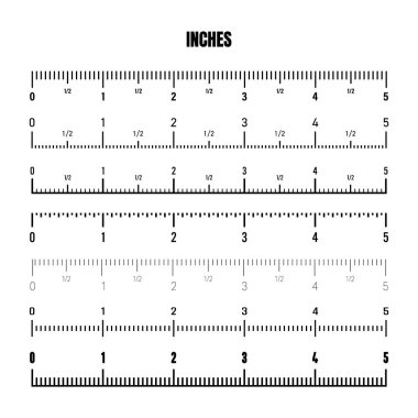 Realistic black inch scale for measuring length or height. Various measurement scales with divisions. Ruler, tape measure marks, size indicators. Vector illustration.