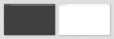 Araç çubuğu ve arama alanı olan boş web tarayıcı penceresi. Modern web sitesi, düz stil internet sayfası. Bilgisayar, tablet ve akıllı telefon için tarayıcı modeli. Aydınlık ve karanlık mod. Vektör illüstrasyonu.