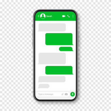 Mesajlaşma uygulaması olan gerçekçi bir akıllı telefon. Boş SMS metin çerçevesi. Yeşil mesaj baloncuklarıyla sohbet ekranı. Sosyal medya uygulaması. Vektör illüstrasyonu