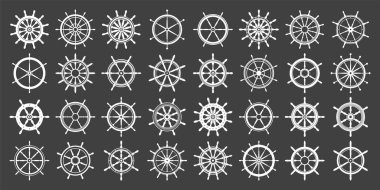 Beyaz vintage direksiyon koleksiyonu. Gemi, yat retro tekerlek sembolü. Denizci dümeni simgesi. Deniz tasarım elemanı. Vektör illüstrasyonu.