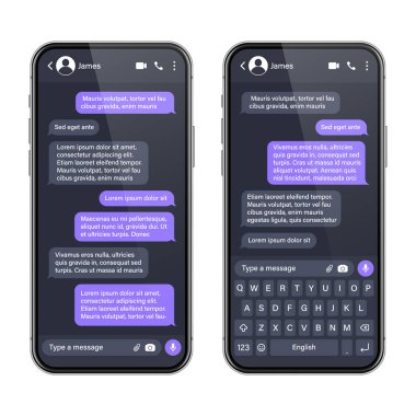 Mesajlaşma uygulaması olan gerçekçi bir akıllı telefon. SMS metin çerçevesi. Menekşe mesaj baloncukları ve yer tutucu metin ile sohbet ekranı. Sosyal medya uygulaması. Vektör illüstrasyonu