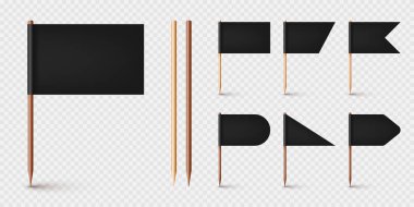 Gerçekçi çeşitli kürdan bayrakları. Siyah kağıt bayraklı tahta kürdanlar. Yer belirleyici, harita işaretleyici. Reklam ve promosyonlar için boş bir model. Vektör illüstrasyonu.