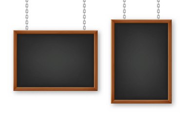 Signboards in a wooden frame hanging on a metal chain. Restaurant menu board. School chalkboard, writing surface for text or drawing. Blank advertising or presentation boards. Vector illustration.
