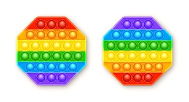 Renkli silikon anti-stres oyuncağı beyaz arka planda izole edilmiş. Çocuklar için moda bir duyusal oyun. Gökkuşağı, parlak renkli patlamış baloncuklu hareketli oyuncağı itin. Vektör illüstrasyonu.