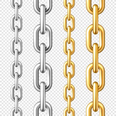 Arkaplandaki altın ve gümüş zincirler gerçekçiydi. Parlak altın kaplama halkalı metal zincir. Vektör illüstrasyonu