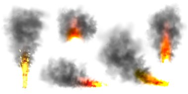 Siyah gerçekçi duman, beyaz arka planda izole toz bulutları. Kirli kirli sis ya da sis. Hava kirliliği, sis etkisi. Yangından ya da patlamadan çıkan duman. Vektör illüstrasyonu.