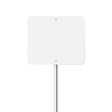 Yol, trafik işareti. Krom metal bir direkte otoyol tabelası. Yazı için yeri olan boş beyaz tahta. Yön işareti ve yol bulucu. Bilgi işareti modeli. Vektör illüstrasyonu