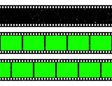 Gerçekçi grunge film şeridi, kamera kaydı. Boş yeşil renkli arka planı olan eski bir film şeridi. Analog video kaydı ve fotoğrafçılık. Görsel efektler birleşimi. Vektör illüstrasyonu.