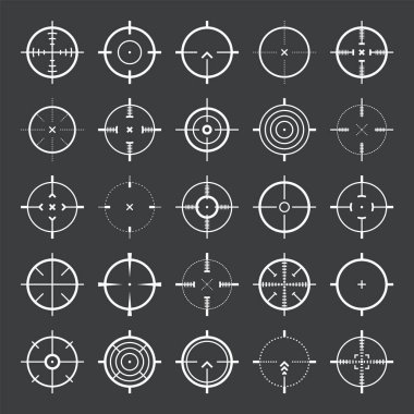 Crosshair, silah görüş vektör simgeleri. Tam isabet, hedef al ya da hedef al. Askeri tüfek dürbünü, işaret fişeği. Nişan alıyorum, nişan alıyorum. Okçuluk, avcılık ve spor atıcılığı. Oyun UI ögesi