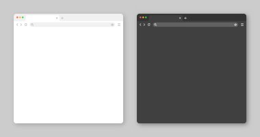 Sekme, araç çubuğu ve arama alanı olan boş web tarayıcı penceresi. Modern web sitesi, düz stil internet sayfası. Bilgisayar, tablet ve akıllı telefon için tarayıcı modeli. Aydınlık ve karanlık mod. Vektör illüstrasyonu.