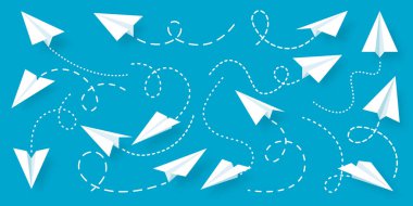 Çeşitli gerçekçi beyaz kağıt uçak koleksiyonu. Noktalı karalama rotalı el yapımı origami uçak. İş konsepti, proje açılışı ve hedef başarısı. Vektör illüstrasyonu.