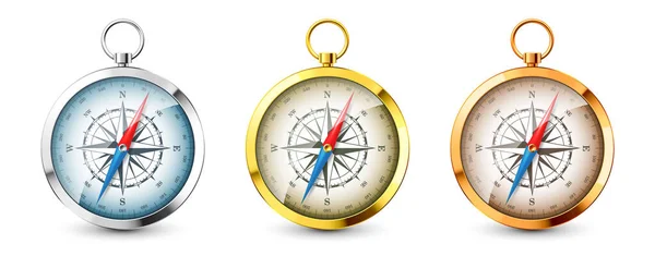 Realistic Silver Golden Vintage Compasses Marine Wind Rose Cardinal Directions — Stockový vektor