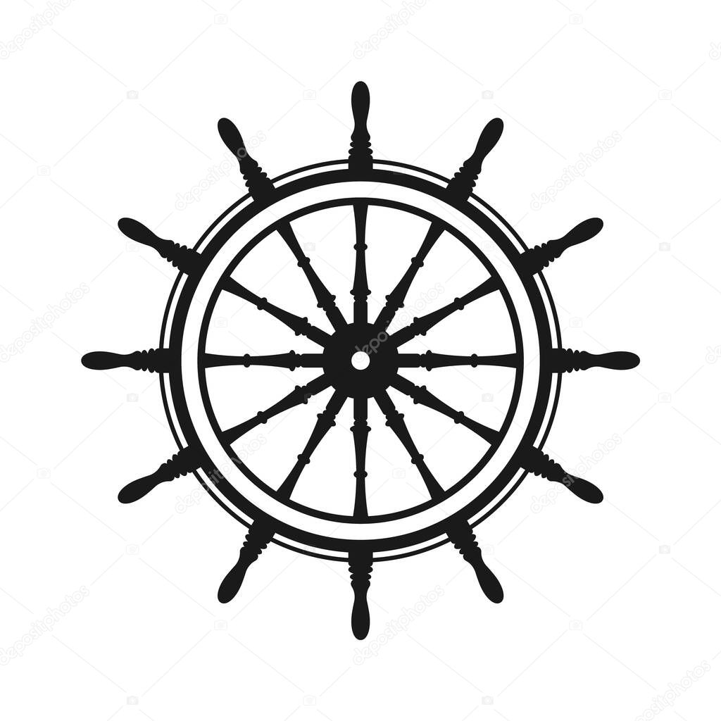 Vintage steering wheel. Ship, yacht retro wheel symbol. Nautical rudder icon. Marine design element. Vector illustration.