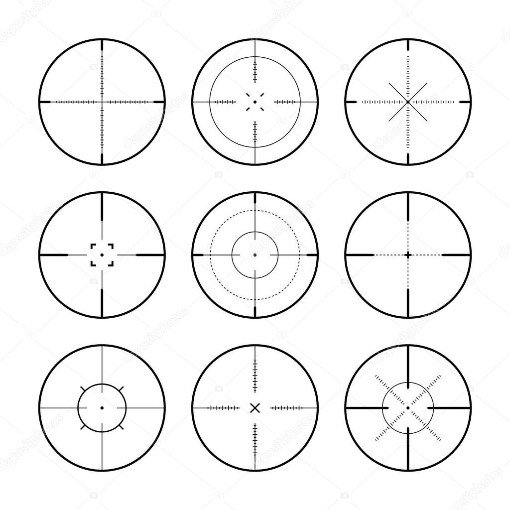 Various sniper rifle sights, weapon optical scope crosshair. Hunting gun viewfinder. Shooting mark symbol, aim. Military target sign. Game interface UI element. Vector illustration.