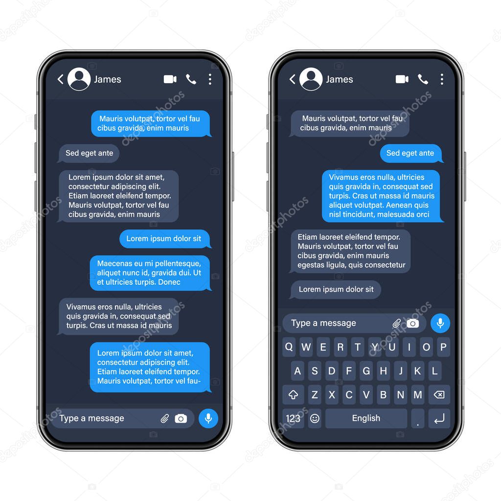 Realistic smartphone with messaging app. SMS text frame. Conversation chat screen with blue message bubbles and placeholder text. Social media application. Vector illustration