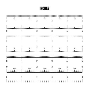 Realistic black inch scale for measuring length or height. Various measurement scales with divisions. Ruler, tape measure marks, size indicators. Vector illustration.