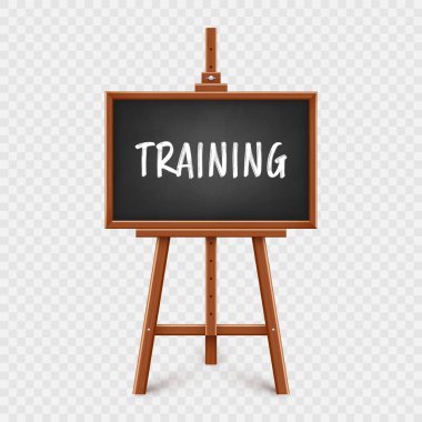 Ahşap sehpada gerçekçi siyah karatahta. Tahta tahta çerçeveli ve üç ayaklı. Metin, yazı veya çizim yüzeyi olan sunum tahtası. Çevrimiçi çalışma, öğrenme modeli. Vektör illüstrasyonu.