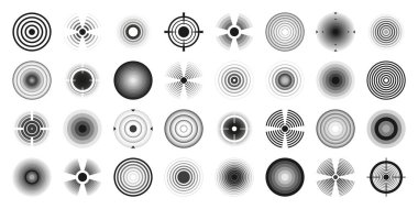 Çeşitli silah görüşleri, siyah nişan simgeleri. Nişan al, nişan işareti sembolü. Askeri hedef işareti, siluet. Radyal sonar ses dalgaları, radyo sinyali. Vektör illüstrasyonu.