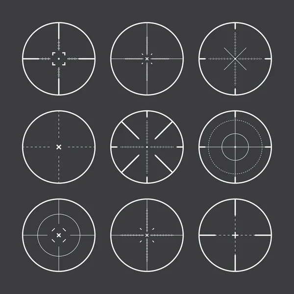 様々な狙撃銃の光景 武器の光学スコープの十字線 狩猟銃のファインダー マーク シンボルを狙え 軍の標識だ ゲームインターフェースUi要素 ベクターイラスト — ストックベクタ