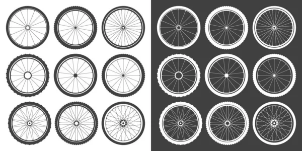 Siyah Beyaz Bisiklet Tekerleği Sembolleri Koleksiyonu Bisiklet Lastiği Siluetleri Spor — Stok Vektör