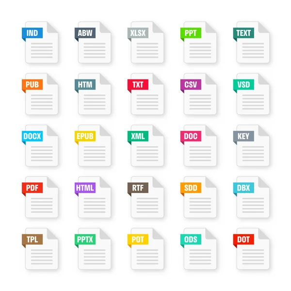 Common System File Formats Document Types Extensions Flat Style Icons — Stock vektor