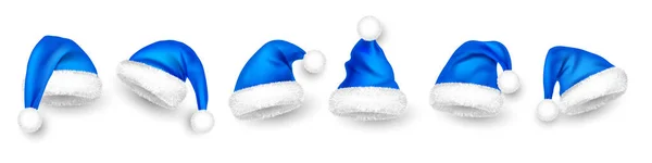 Verschillende Kerstmanhoeden Met Bont Nieuwjaar Blauwe Hoed Realistische Wintermuts Kerstgroet — Stockvector