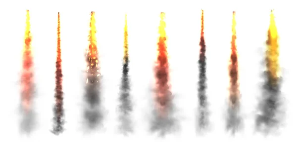Realistic Black Smoke Fire Space Rocket Launch Trails Fire Burst — Stockový vektor