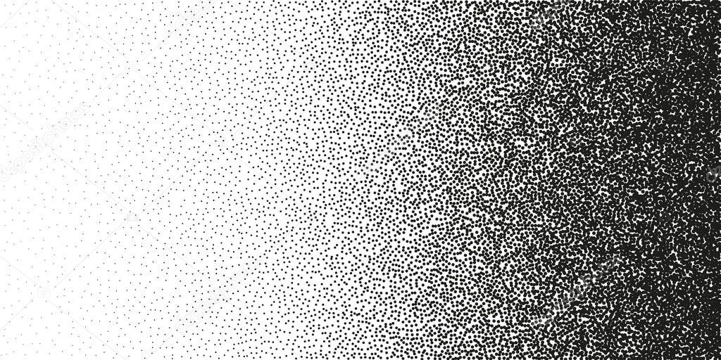 Stipple pattern, dotted geometric background. Stippling, dotwork drawing, shading using dots. Pixel disintegration, random halftone effect. White noise grainy texture. Vector illustration.