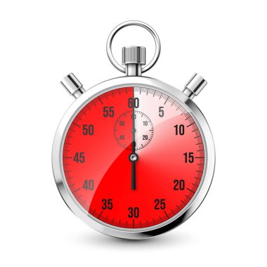 Gerçekçi klasik kronometre simgesi. Parlak metal kronometre, çevirmeli zaman sayacı. Kırmızı geri sayım zamanlayıcısı dakikaları ve saniyeleri gösteriyor. Spor için zaman ölçümü, başla ve bitir. Vektör illüstrasyonu.