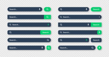 Various search bar templates, dark mode. Internet browser engine with search box, address bar and text field. UI design, website interface element with web icons and push button. Vector illustration.