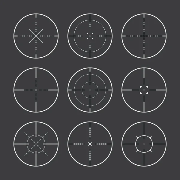 様々な狙撃銃の光景 武器の光学スコープの十字線 狩猟銃のファインダー マーク シンボルを狙え 軍の標識だ ゲームインターフェースUi要素 ベクターイラスト — ストックベクタ