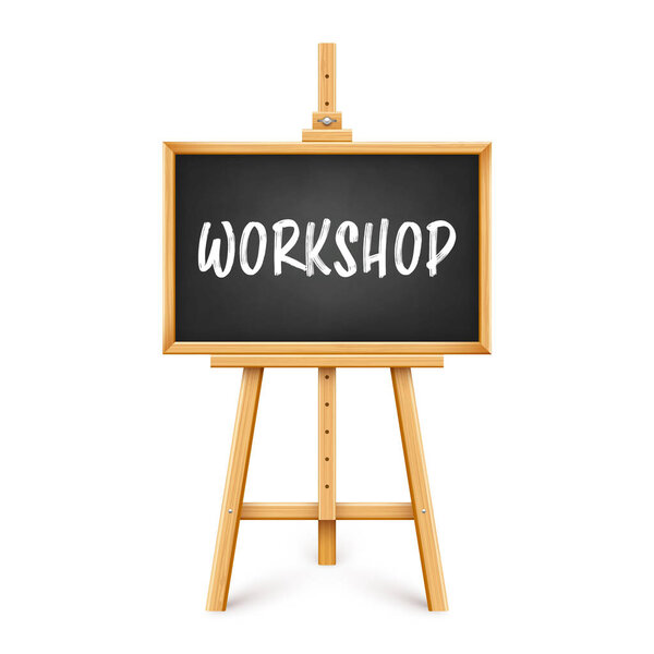 Realistic black chalkboard on wooden easel. Blackboard in wooden frame on a tripod. Presentation board with text, writing or drawing surface. Online studying, learning mockup. Vector illustration.