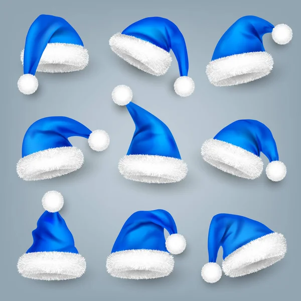 Various Santa Claus Hats Fur New Year Blue Hat Realistic — Stock vektor