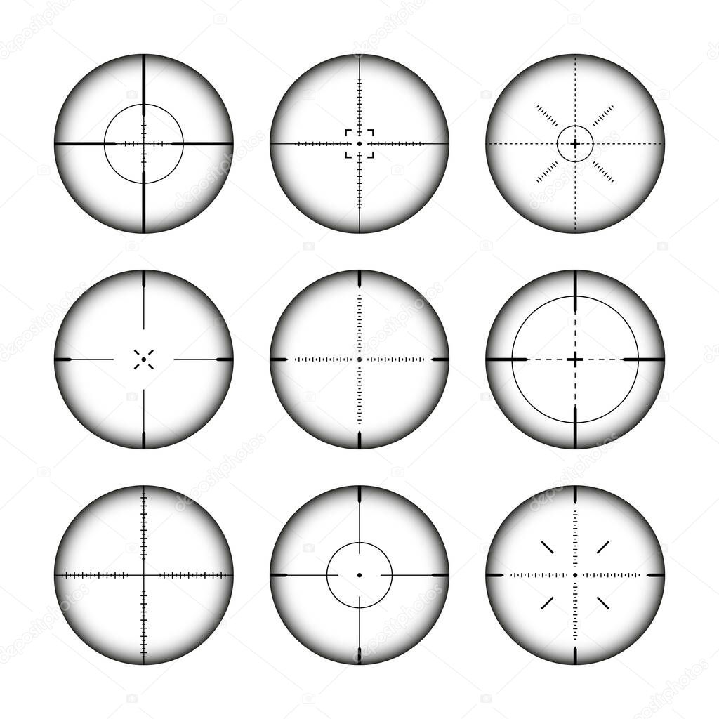 Various weapon sights, sniper rifle optical scopes. Hunting gun viewfinder with crosshair. Aim, shooting mark symbol. Military target sign, silhouette. Game interface UI element. Vector illustration.