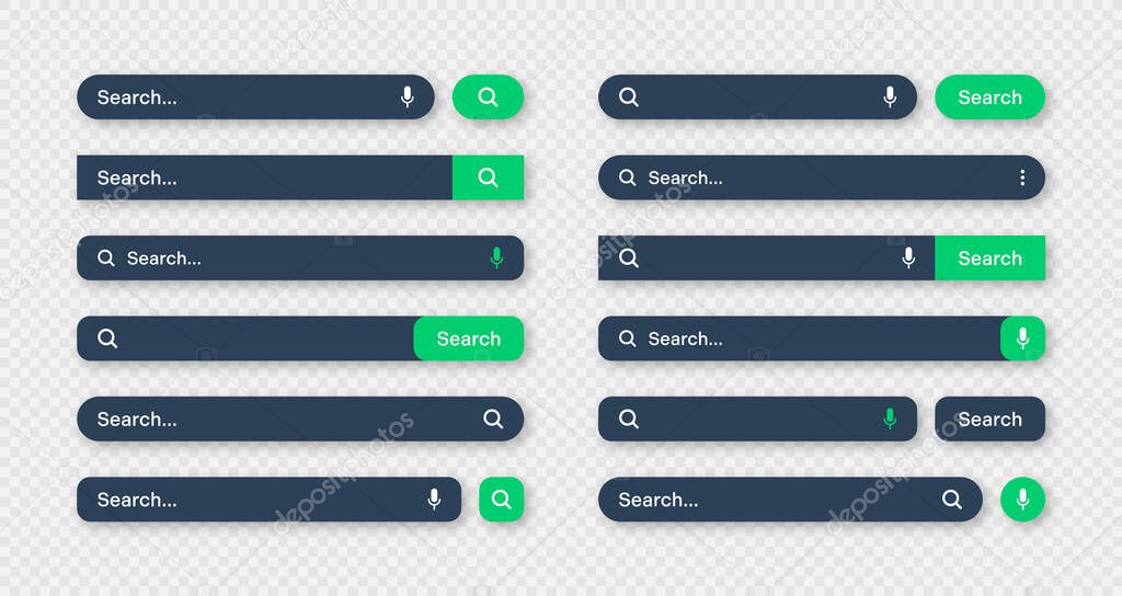 Various search bar templates, dark mode. Internet browser engine with search box, address bar and text field. UI design, website interface element with web icons and push button. Vector illustration.
