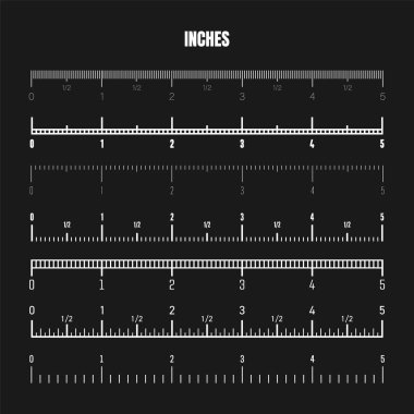 Realistic white inch scale for measuring length or height. Various measurement scales with divisions. Ruler, tape measure marks, size indicators. Vector illustration.