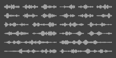 Sesli mesaj, posta. Sosyal medya sohbeti. Mesajlaşma uygulaması, müzik çalar, ses veya video düzenleyici arayüzü ögesi. Ses kaydedici yardımcısı. Ses dalgaları. Karanlık mod. Vektör illüstrasyonu.