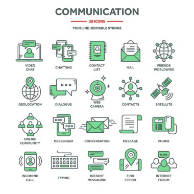 Communication, social media and online chatting. SMS, phone call, messaging in smartphone messenger application. Computing, email web services support. Thin line icons set. Vector illustration.