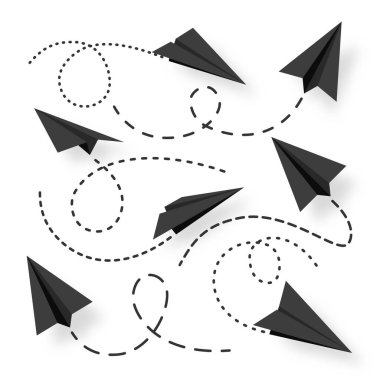 Various realistic black paper planes collection. Handmade origami aircraft with dotted doodle route line. Business concept element, project startup and goal achievement. Vector illustration.