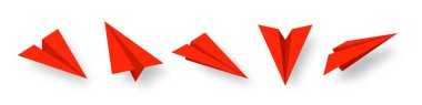 Gerçekçi kırmızı kağıt uçak koleksiyonu. El yapımı origami uçak düz stil. Bir çocuk için kağıt oyuncak. İş konsepti, proje açılışı ve hedef başarısı. Vektör illüstrasyonu.