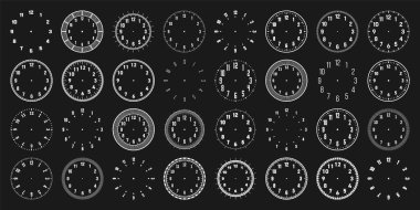 Mekanik saat Arap rakamlarıyla karşılaşıyor, Bezel. Dakika, saat ve sayılarla beyaz saat kadranı. Zamanlayıcı ya da kronometre elemanı. Boş ölçüm çemberi ölçeği ve bölünmeler. Vektör illüstrasyonu.