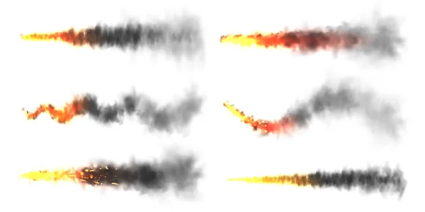 Realistic Black Smoke Fire Space Rocket Launch Trails Fire Burst — Image vectorielle