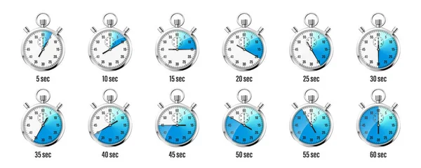 Realistic Classic Stopwatch Icons Shiny Metal Chronometer Time Counter Dial — Vetor de Stock