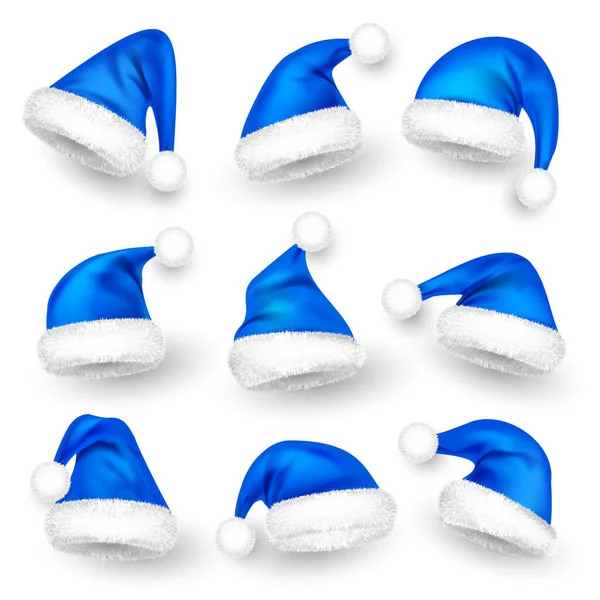 Various Santa Claus Hats Fur New Year Blue Hat Realistic — Stock vektor