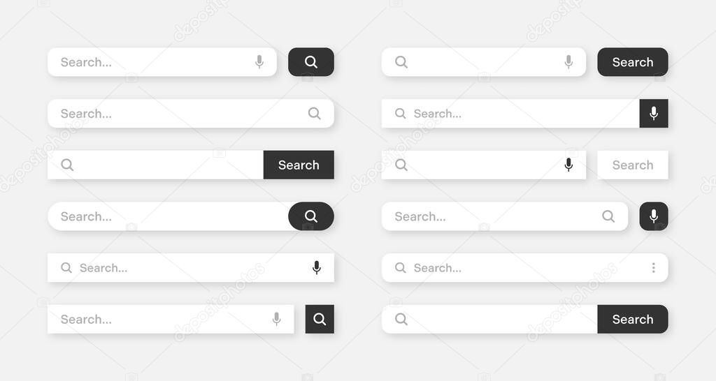 Various search bar templates. Internet browser engine with search box, address bar and text field. UI design, website interface element with web icons and push button. Vector illustration.
