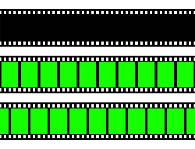 Realistic blank film strip, camera roll. Old retro cinema movie strip with green chroma key background. Analog video recording and photography. Visual effects compositing. Vector illustration.