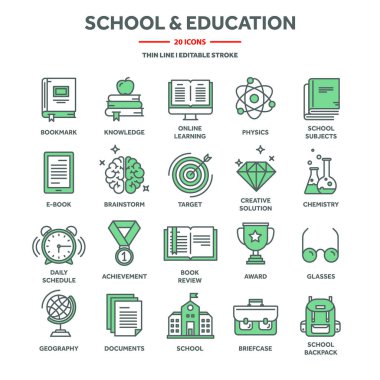 School education, university studies. Study, learning and educational process. Online lessons, e-learning with video tutorials. Knowledge acquisition. Thin line web icons set. Vector illustration.
