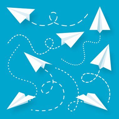 Çeşitli gerçekçi beyaz kağıt uçak koleksiyonu. Noktalı karalama rotalı el yapımı origami uçak. İş konsepti, proje açılışı ve hedef başarısı. Vektör illüstrasyonu.