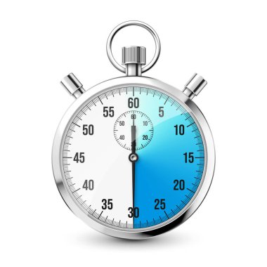Realistic classic stopwatch icon. Shiny metal chronometer, time counter with dial. Blue countdown timer showing minutes and seconds. Time measurement for sport, start and finish. Vector illustration.